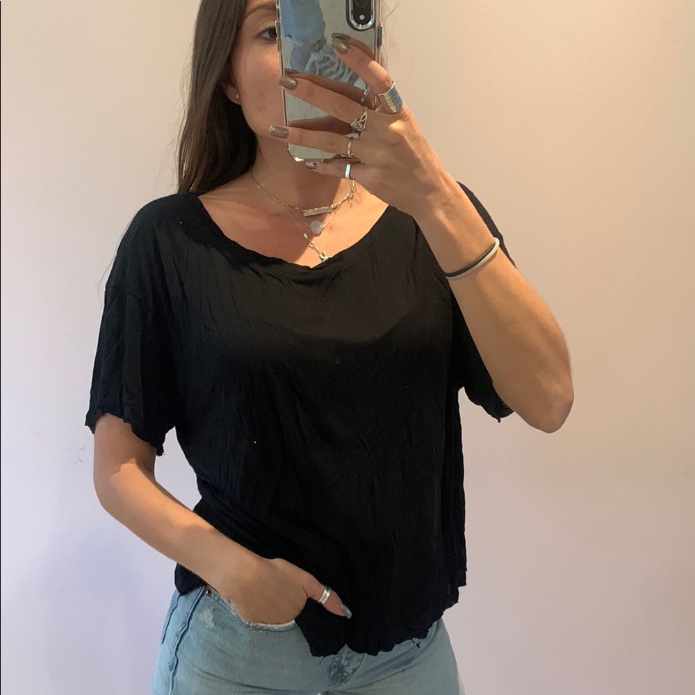 Hoodies medium Casual black Women's Top short sleeve tshirt scoop neck relax fit